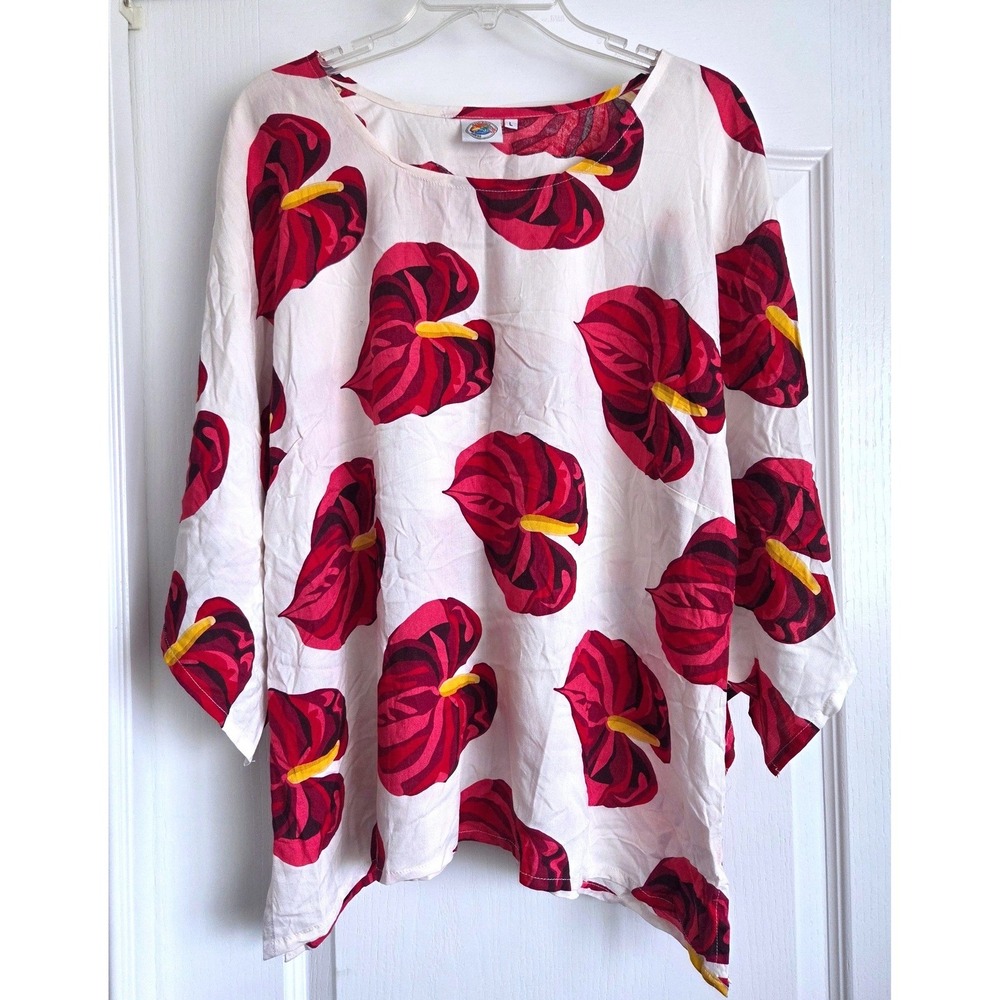Makai Beach Hawaii Womens Large Red Anthurium Floral Rayon Kimono Sleeve Blouse